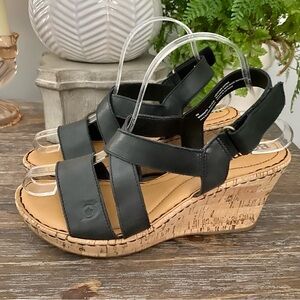 Born Black Leather Slingback Cork Wedge Sandals